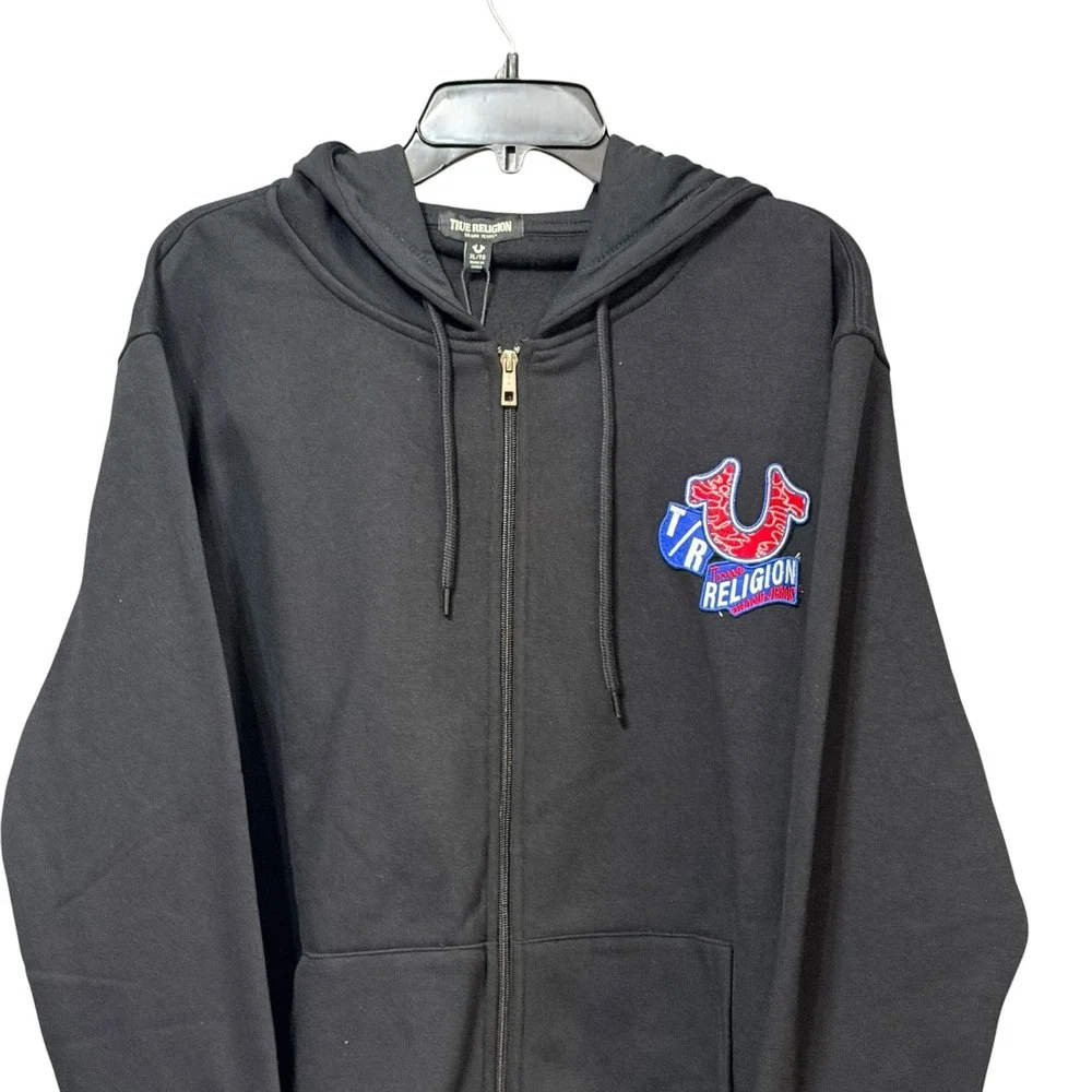 True Religion Mens Black Graphic Patch Full Zip Hoodie Sweatshirt XL World Tour